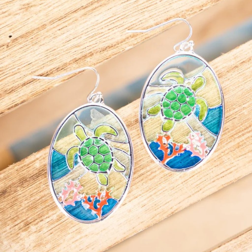 Nwt *Boutique* Gorgeous Colorful Tranquil Cove Turtle Silvertone Earrings